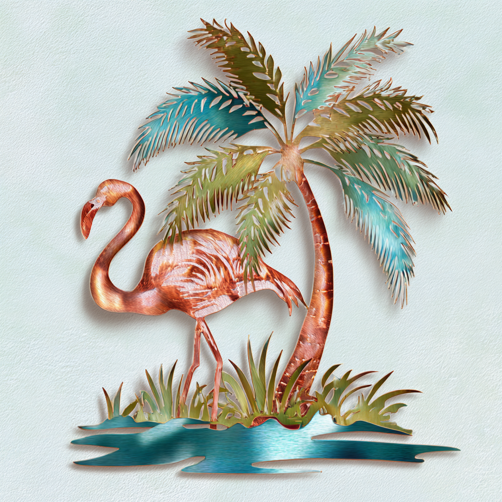Flamingo Palm Tree Beach Wave Metal Wall Art – Tropical Coastal Ocean