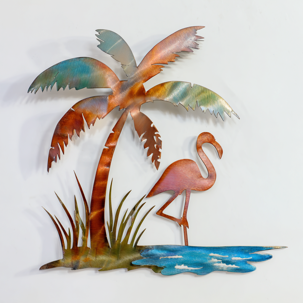 Flamingo Palm Tree Beach Wave Metal Wall Art – Tropical Coastal Ocean V2