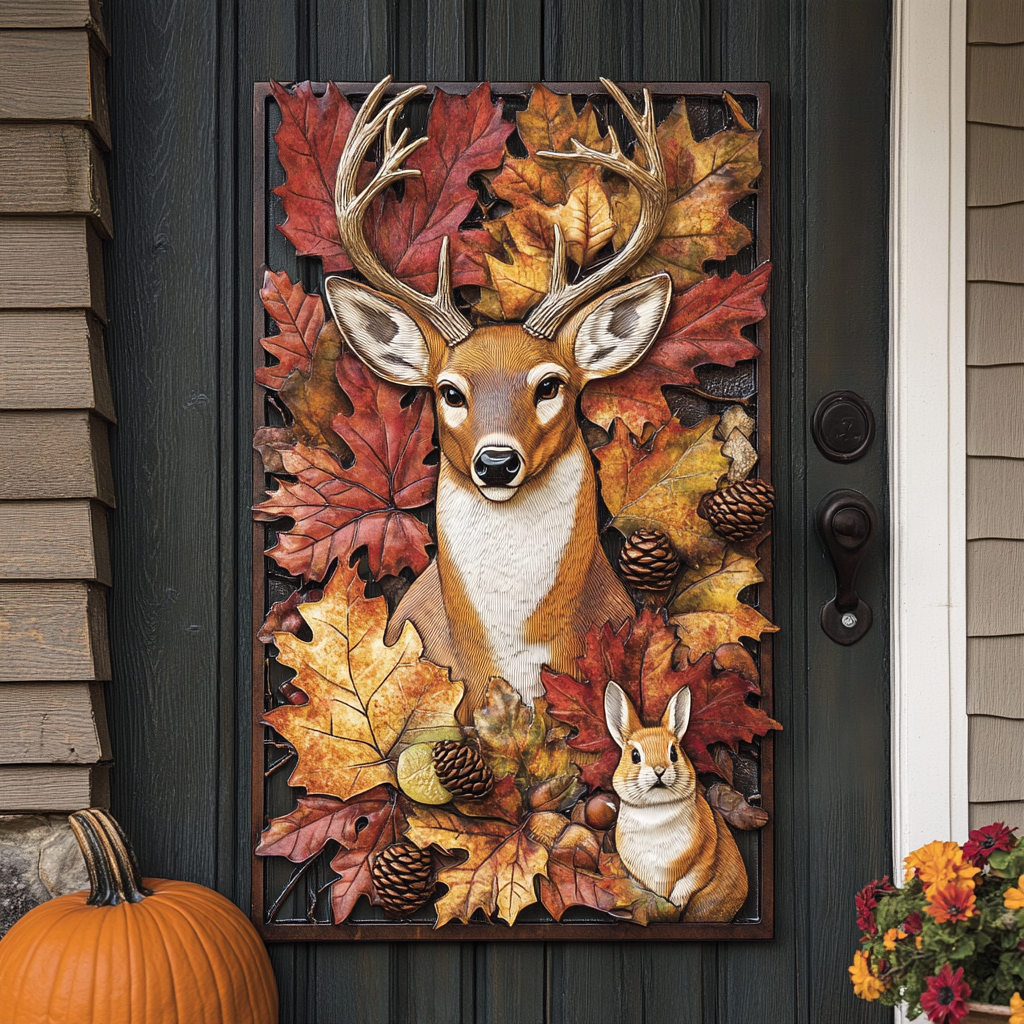 Autumn Woodland Animals Metal Sign, Deer Fox Owl Wall Art