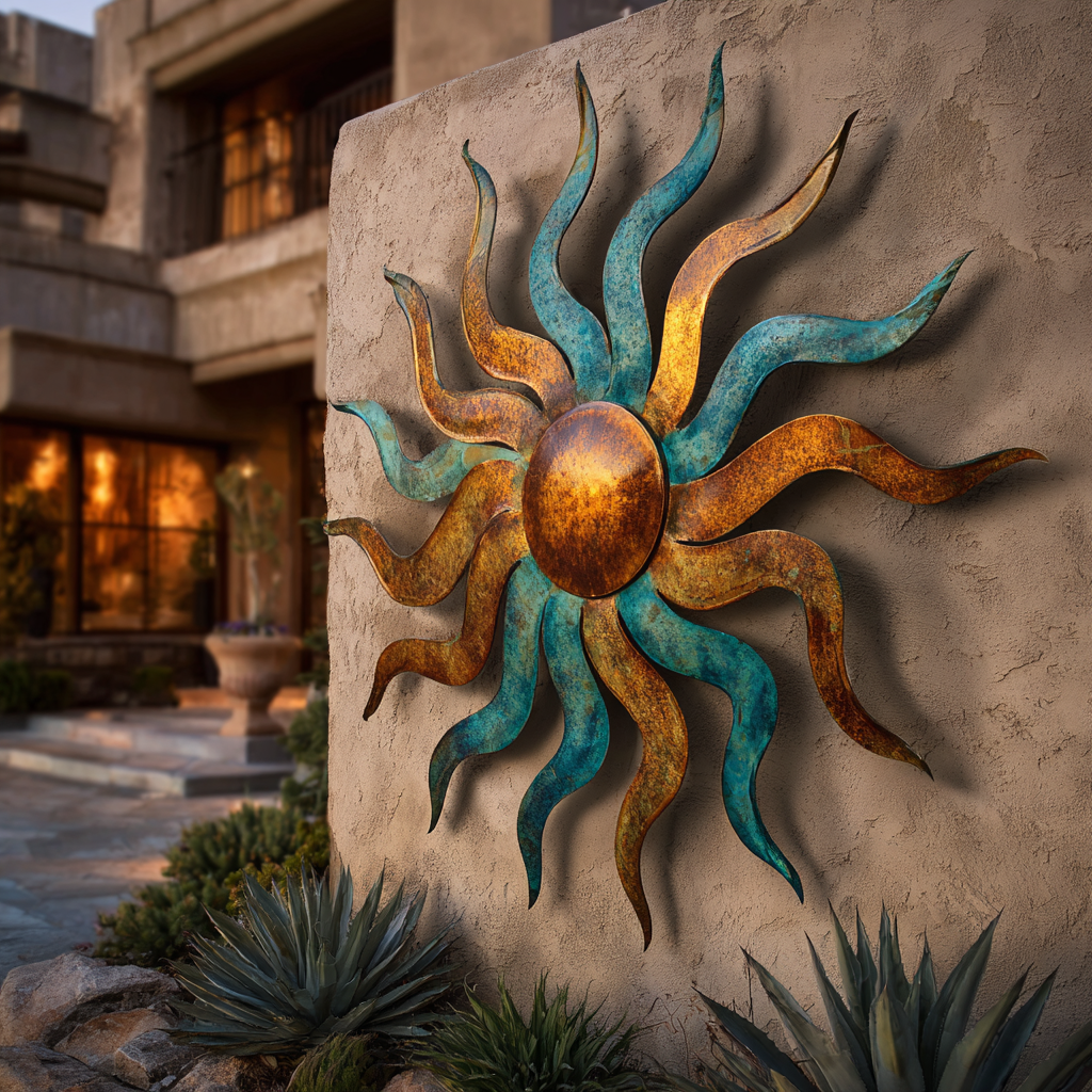 Blue Copper Sunburst Metal Wall Art, Celestial Decor for Patio