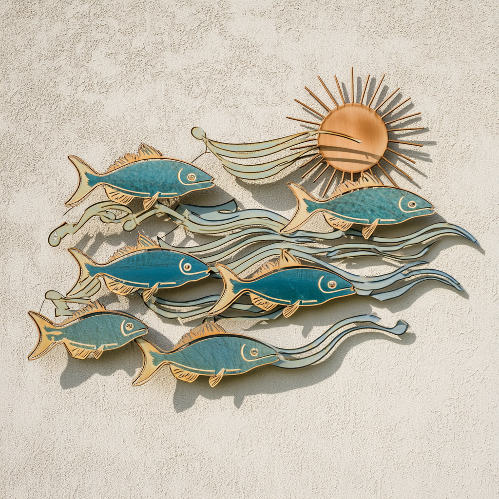 Fish Sun Wave Metal Wall Art, Coastal Ocean Decor for Patio & Garden