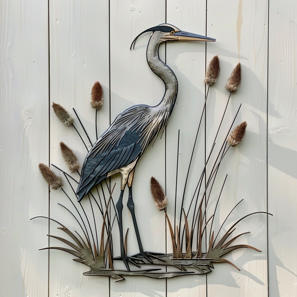 Blue Heron Metal Wall Art, Coastal Bird Decor for Patio
