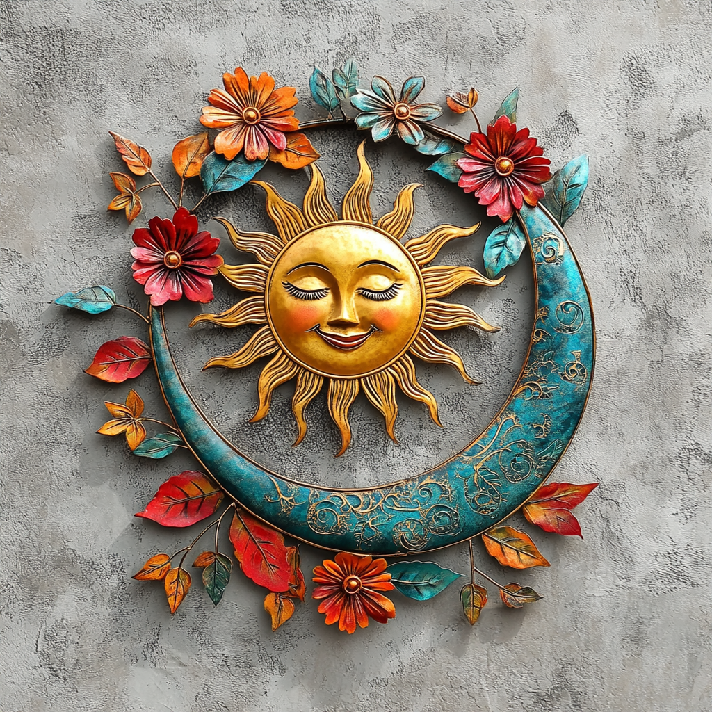 Sun Moon Star Flower Metal Wall Art, Celestial Floral Decor for Patio & Garden