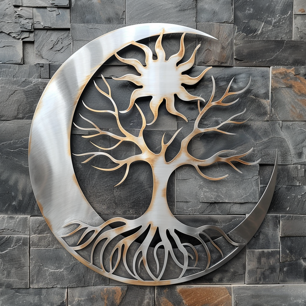 Silver Sun Moon Tree of Life Metal Wall Art – Celestial Spiritual Garden Decor