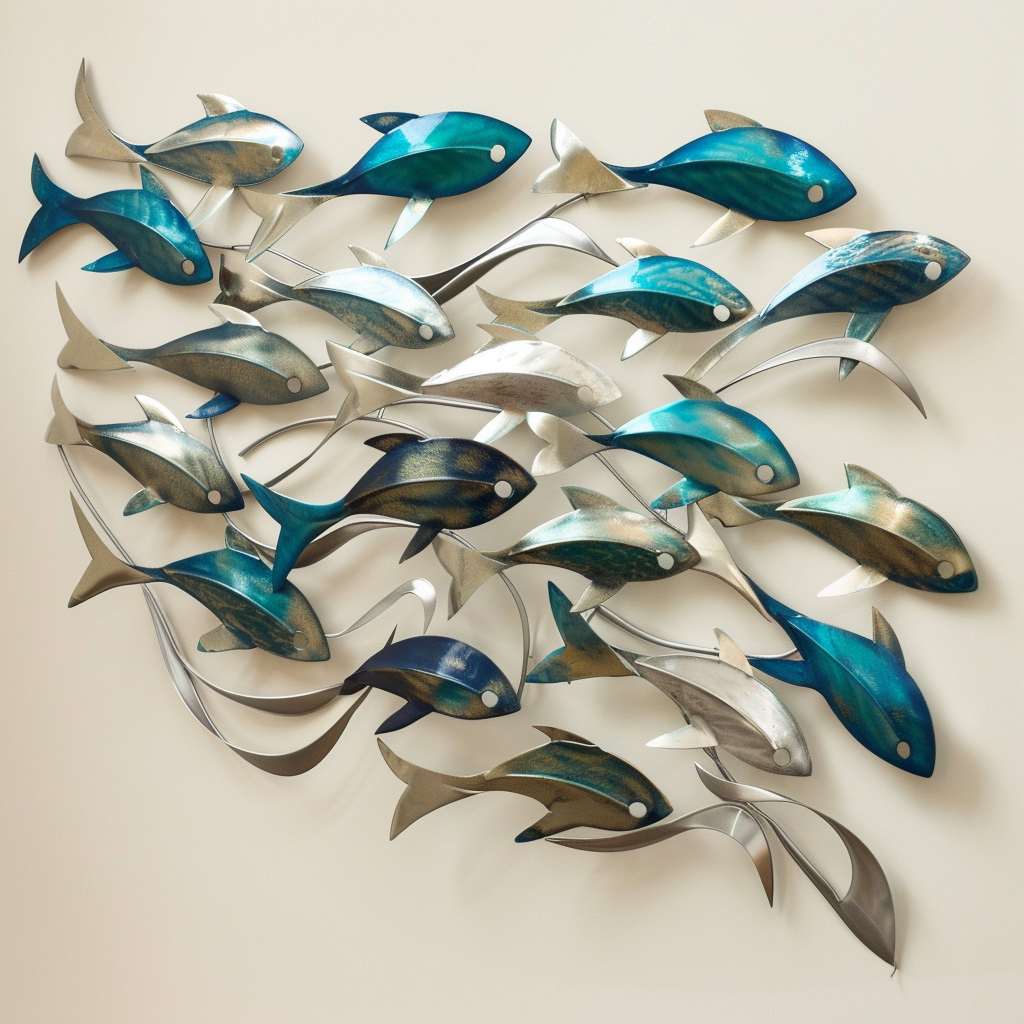 Blue School of Fish Metal Wall Art – Coastal Ocean Decor, Marine Garden Sign
