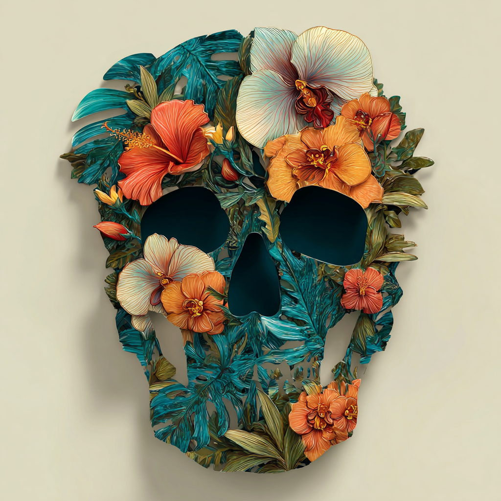Sugar Skull Tropical leaf Metal Wall Art