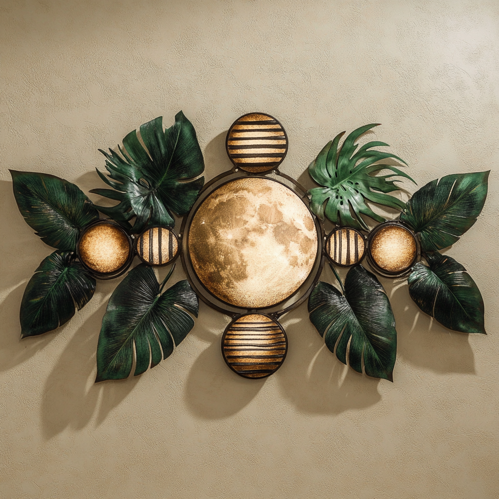 Moon Phase Tropical Metal Wall Art, Boho Celestial Decor for Patio & Garden