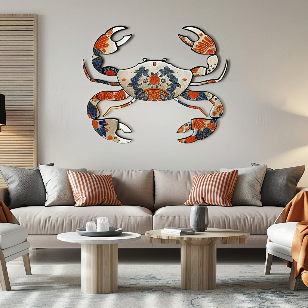 Talavera Blue Crab Metal Wall Art, Coastal Beach Decor for Patio