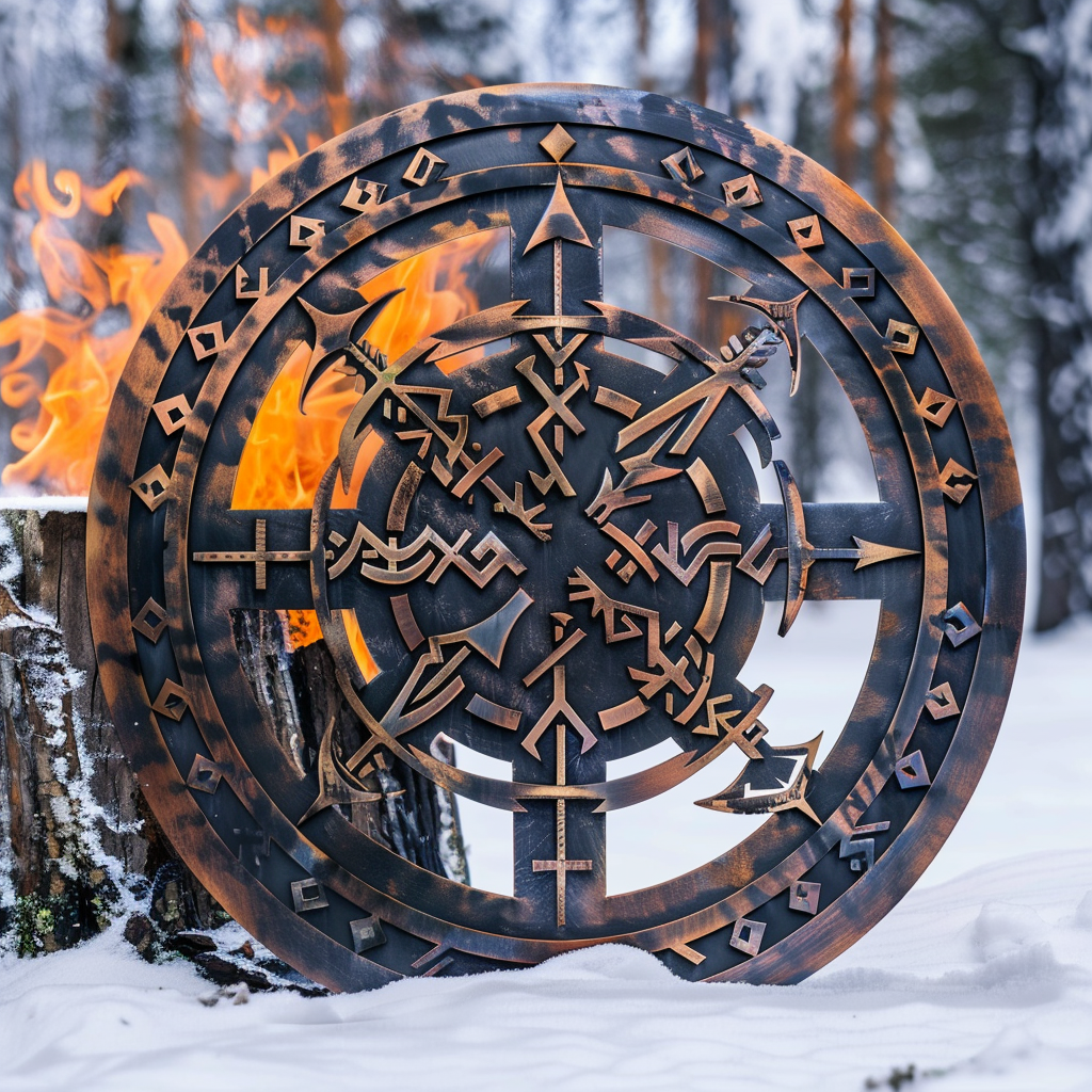 Viking Sun Wheel Metal Wall Art Nordic Rune Decor Ancient Norse Compass Symbol Scandinavian Pagan Wall Hanging V2