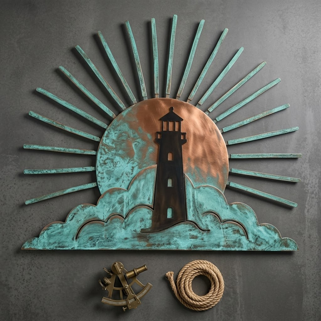 Southwestern Sunburst Blue Lighthouse Sunburst Metal Wall Art