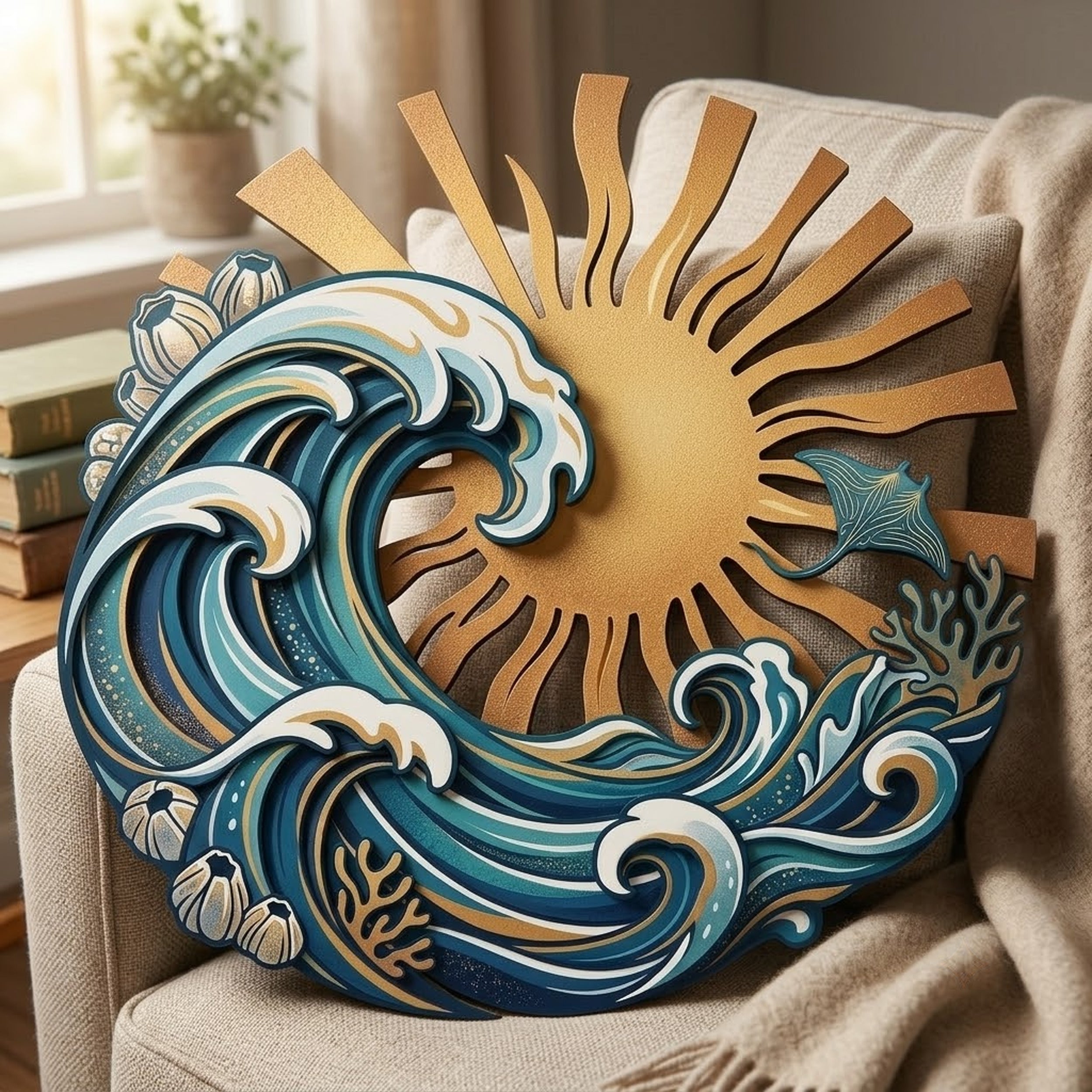 Ocean Wave Metal Wall Art, Sun Coastal Beach House Decor