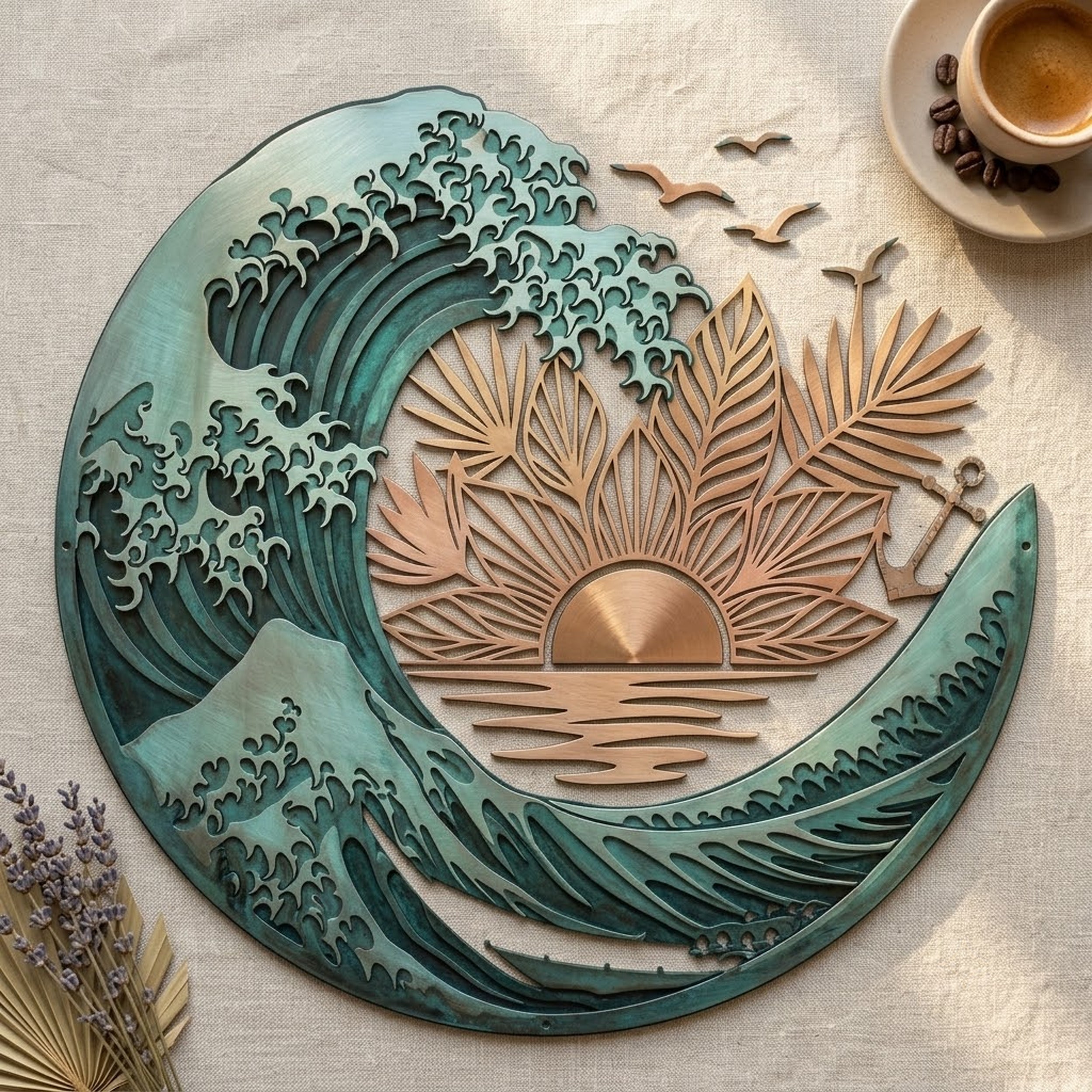 Stunning Sun And Waves Metal Wall Art, Beautiful Coastal Ocean Metal Sign