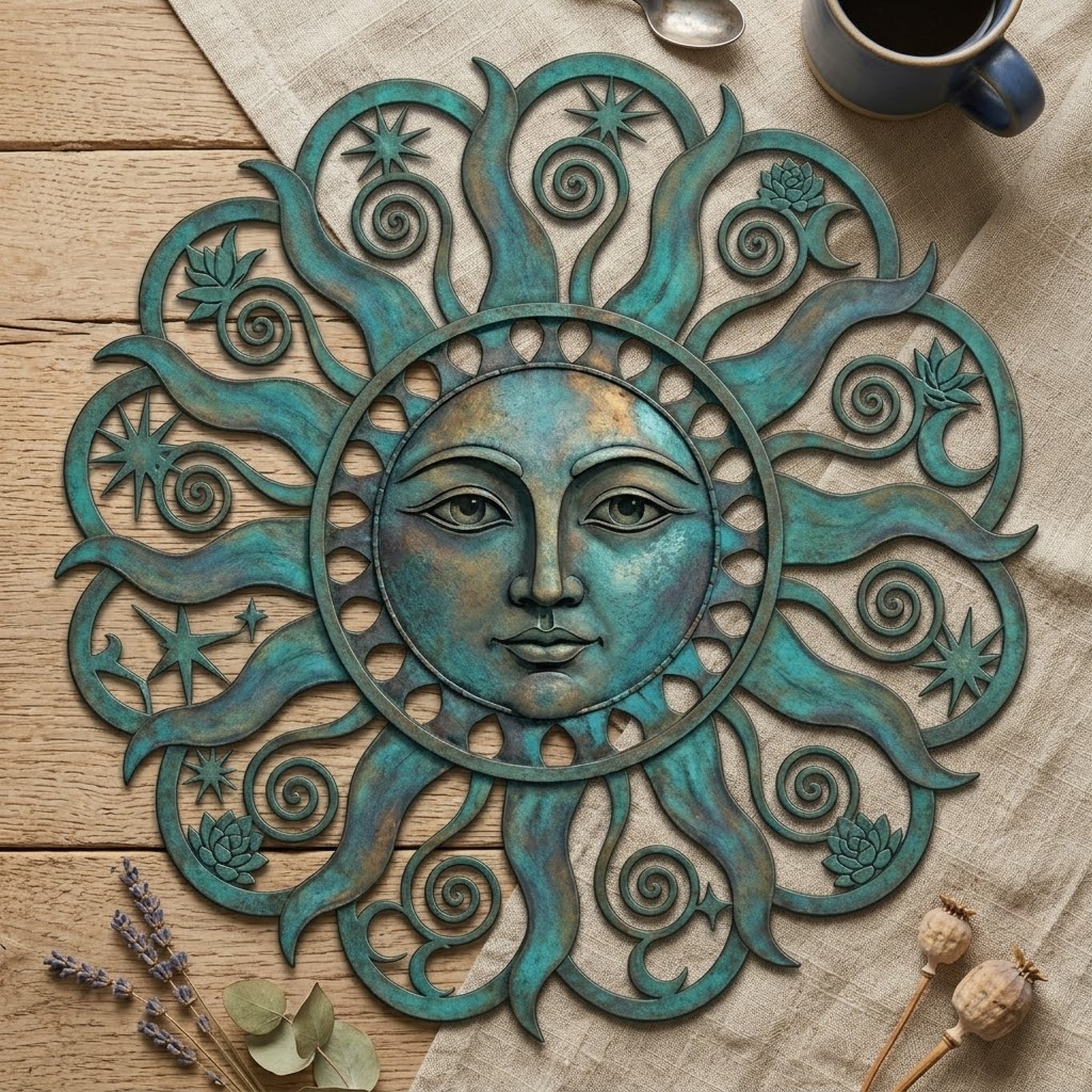 Beautiful Patina Sun Metal Wall Art, Celestial Garden Decor For Patio