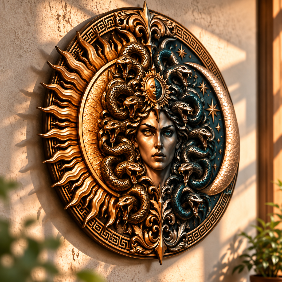 Medusa Solar Lunar Goddess Metal Sign, Mythological Wall Art