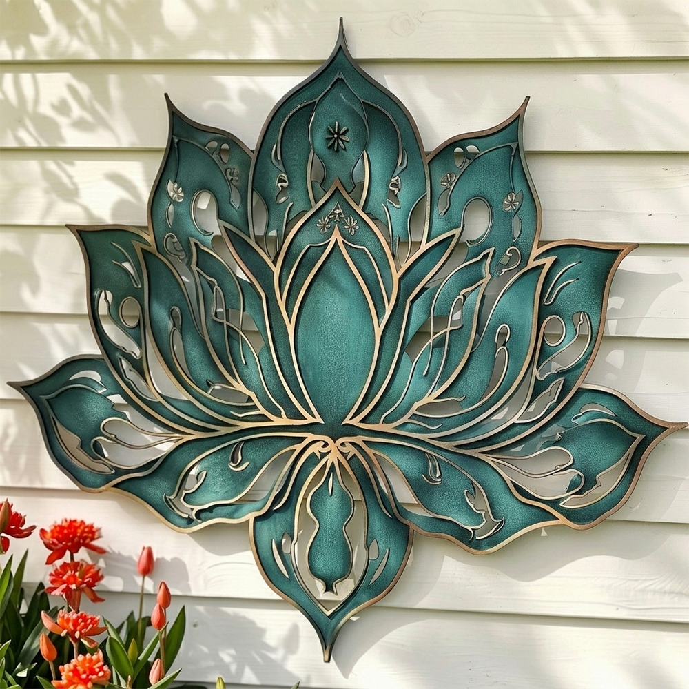 Emerald Lotus Metal Wall Art Zen Floral Garden Outdoor Wall Decor