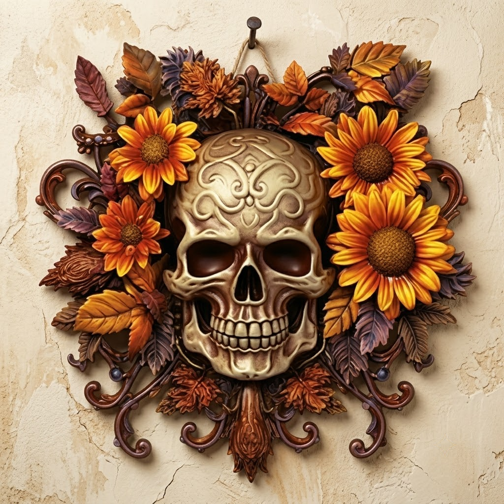 Floral Sunburst Skull Metal Wall Art