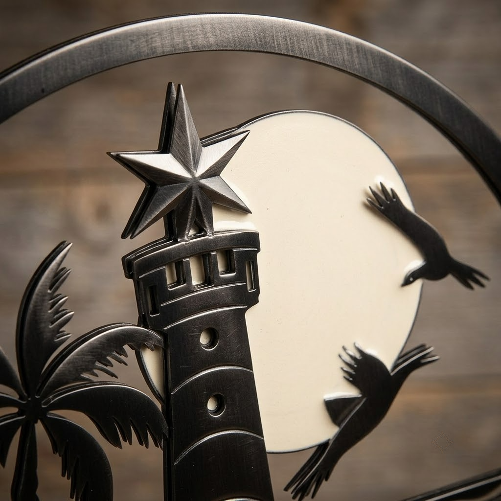 Lighthouse Metal Sign, Palm Trees, Turquoise Ocean, Island Rocks, Coastal Art
