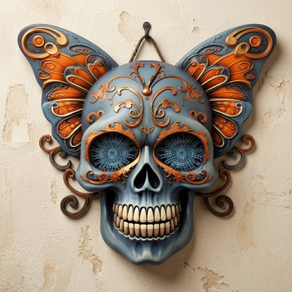 Orange Monarch Skull Butterfly Metal Wall Art Decor