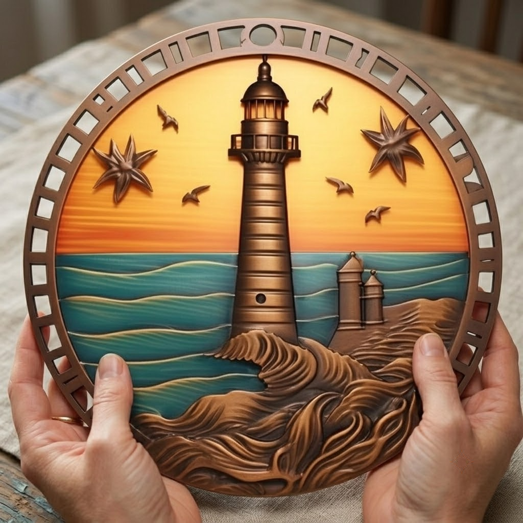 Golden Sunset Lighthouse Metal Sign, Ocean Reflection, Coastal Decor