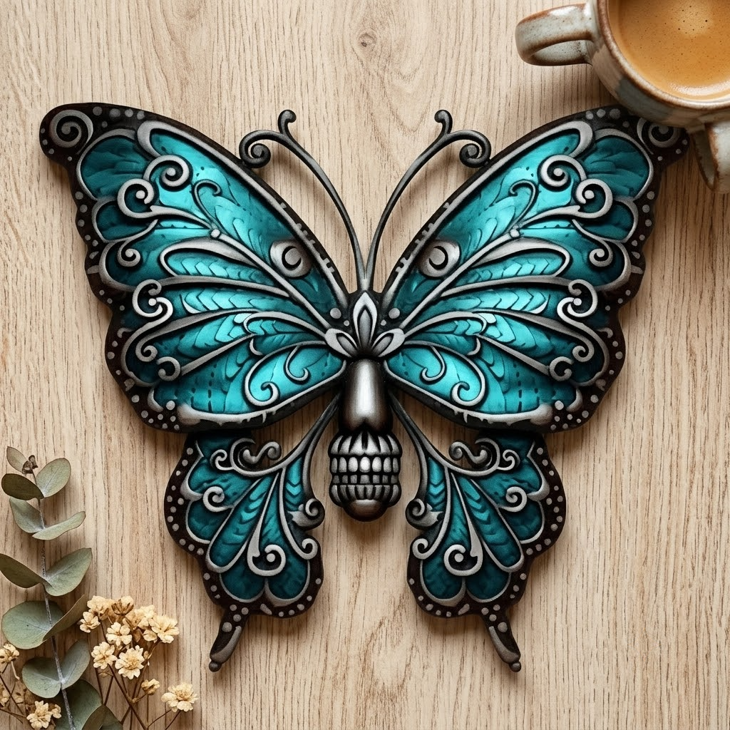 Pumpkin Teal Butterfly Skull Metal Wall Art