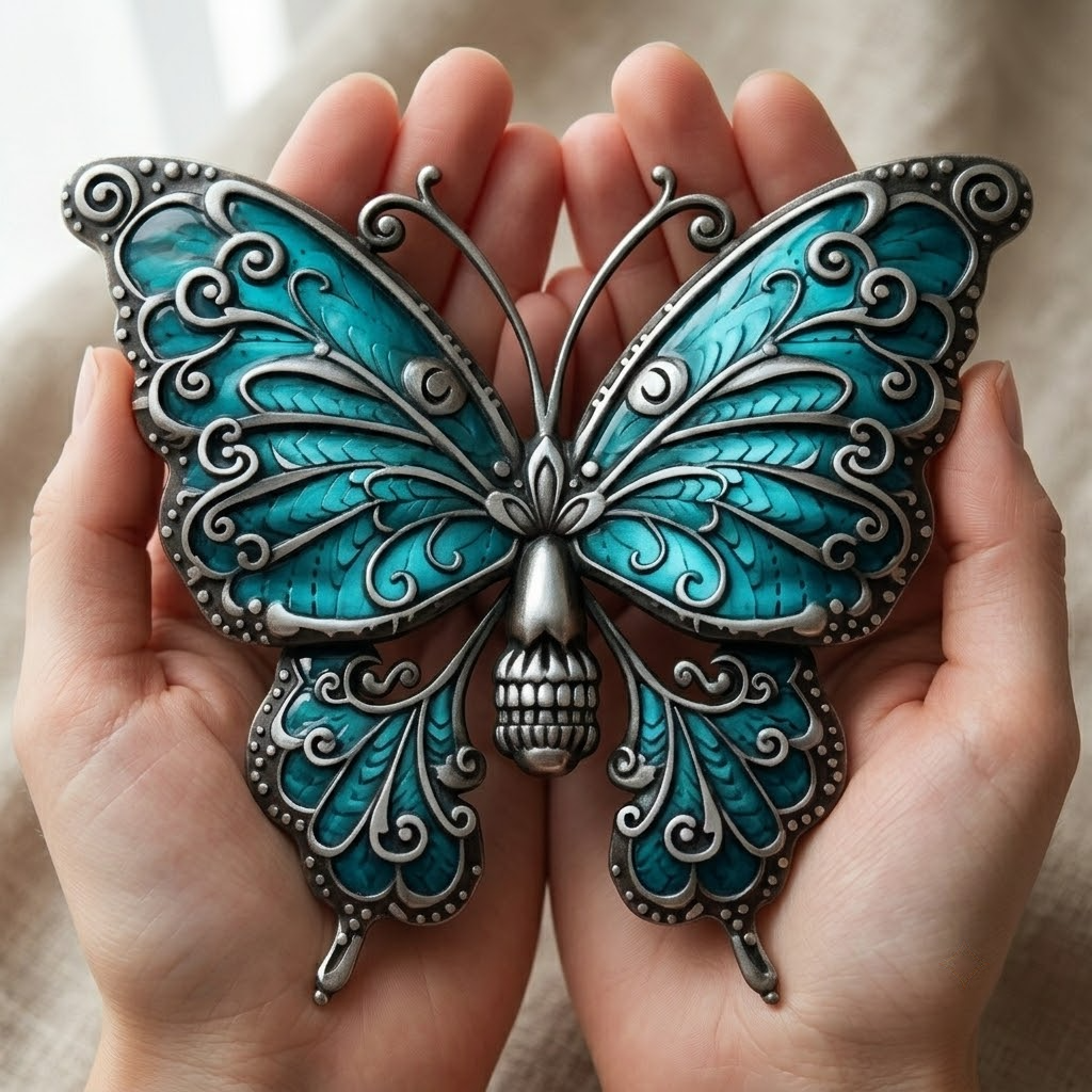 Pumpkin Teal Butterfly Skull Metal Wall Art