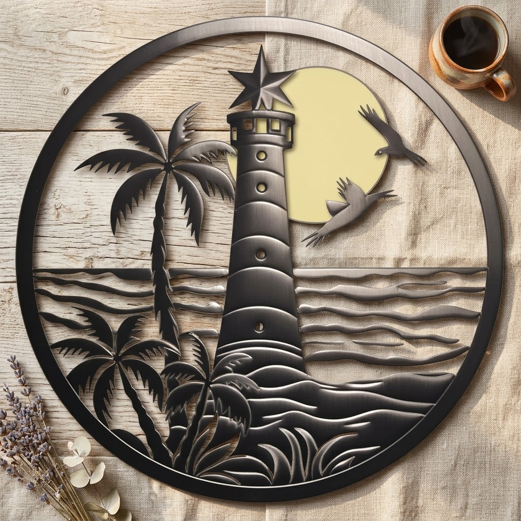 Lighthouse Metal Sign, Palm Trees, Turquoise Ocean, Island Rocks, Coastal Art
