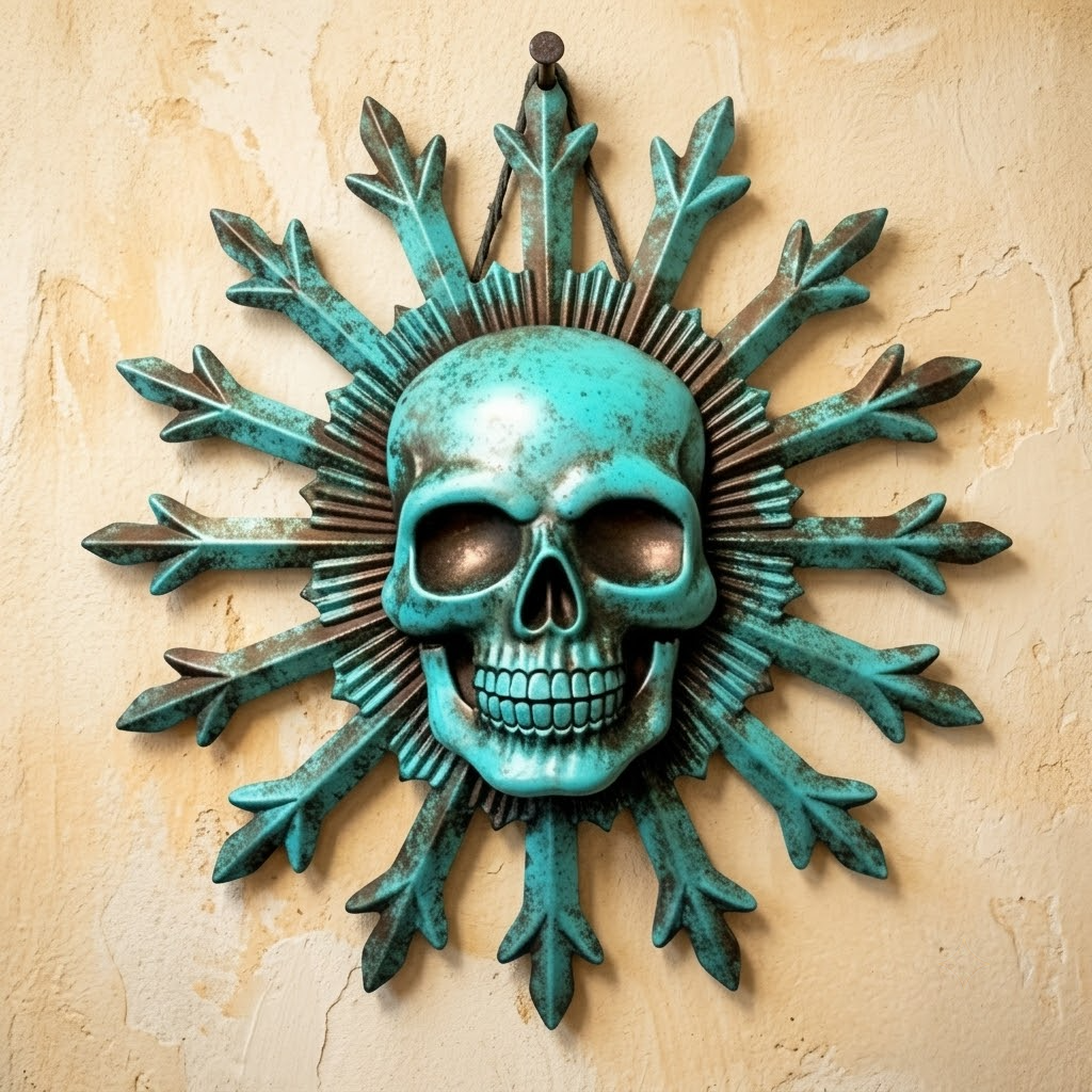 Striking Turquoise Patina Sunburst Skull Metal Wall Art
