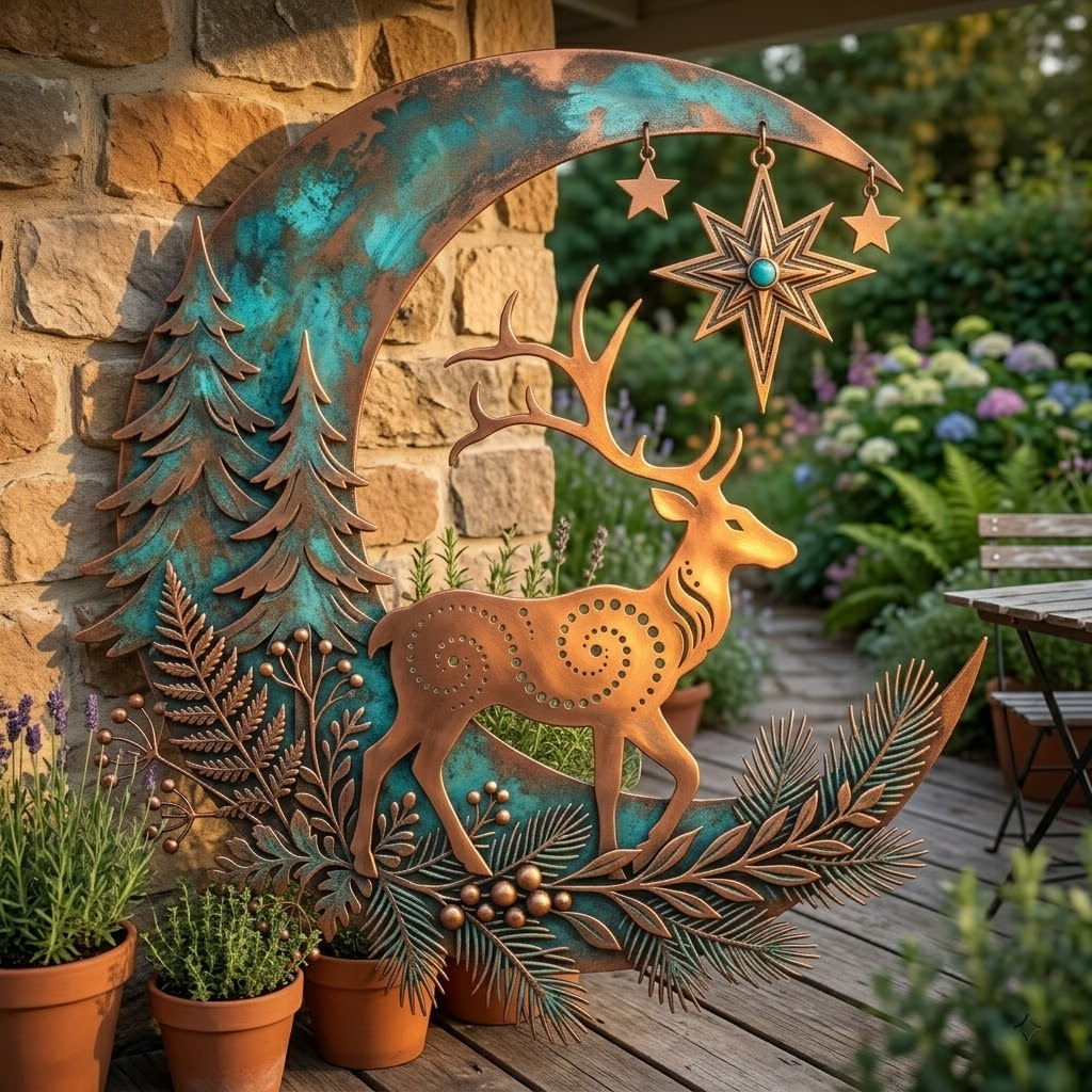 Crescent Moon Deer Metal Art, Stag Wall Decor For Cabin, Woodland Pine Branch Sign