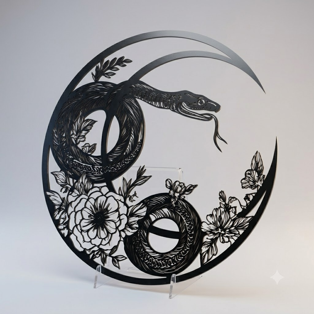Cottagecore Botanical Metal Sign, Snake Moon Wall Decor, Nature Inspired Art