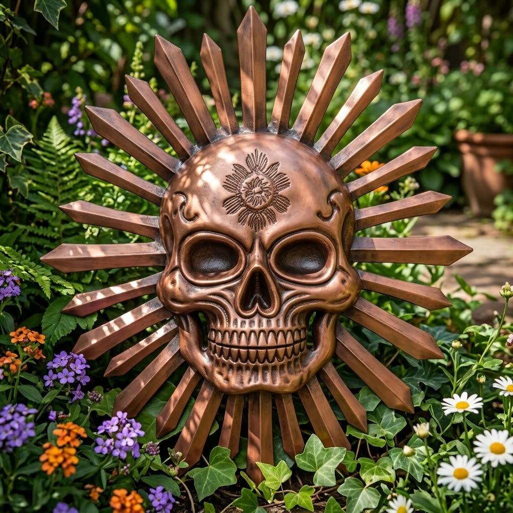 Pumpkin Copper Sunburst Skull Metal Wall Art