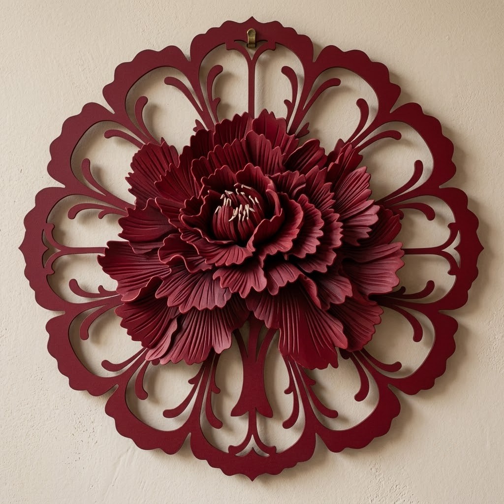 January Carnation Garnet Sunburst Metal Wall Art, Birth Flower Decor