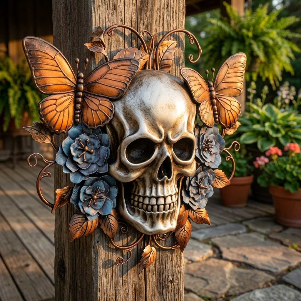 Autumn Floral Butterfly Skull Metal Wall Art