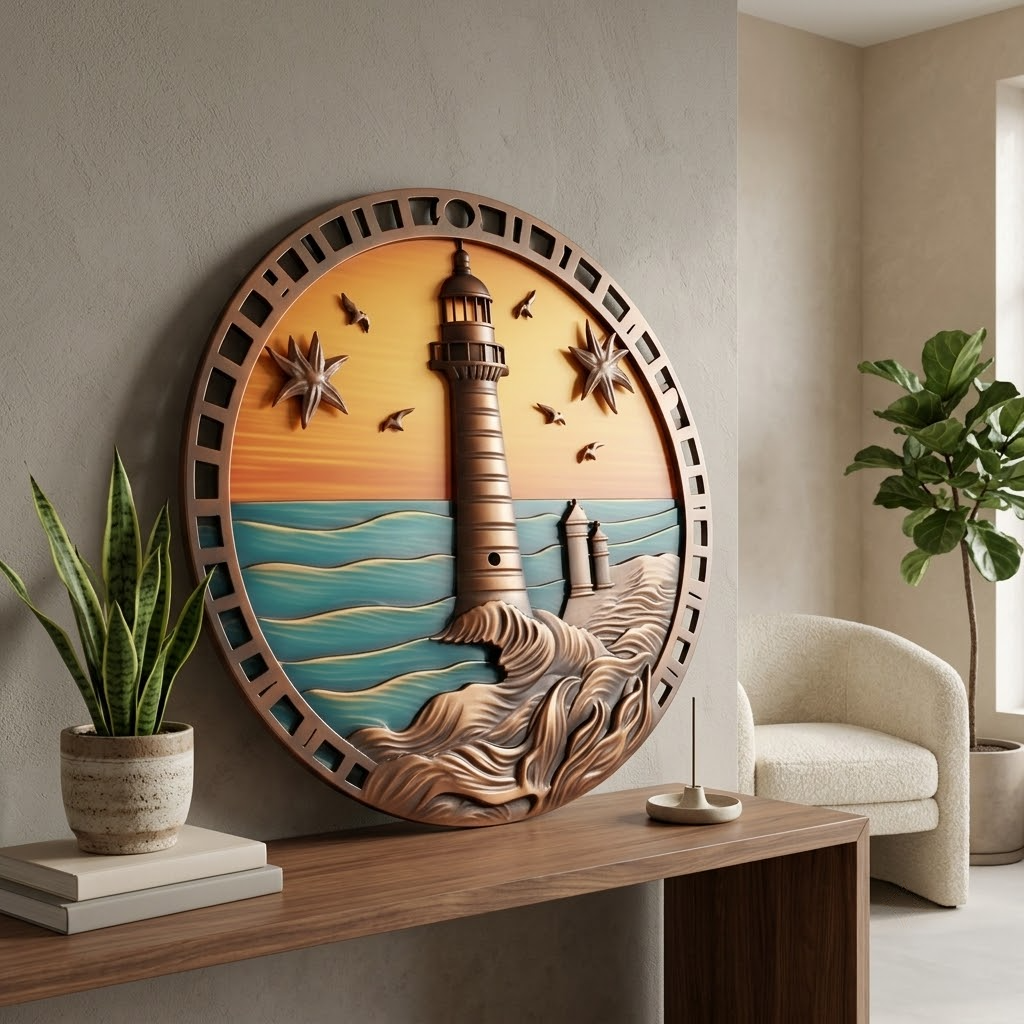 Golden Sunset Lighthouse Metal Sign, Ocean Reflection, Coastal Decor
