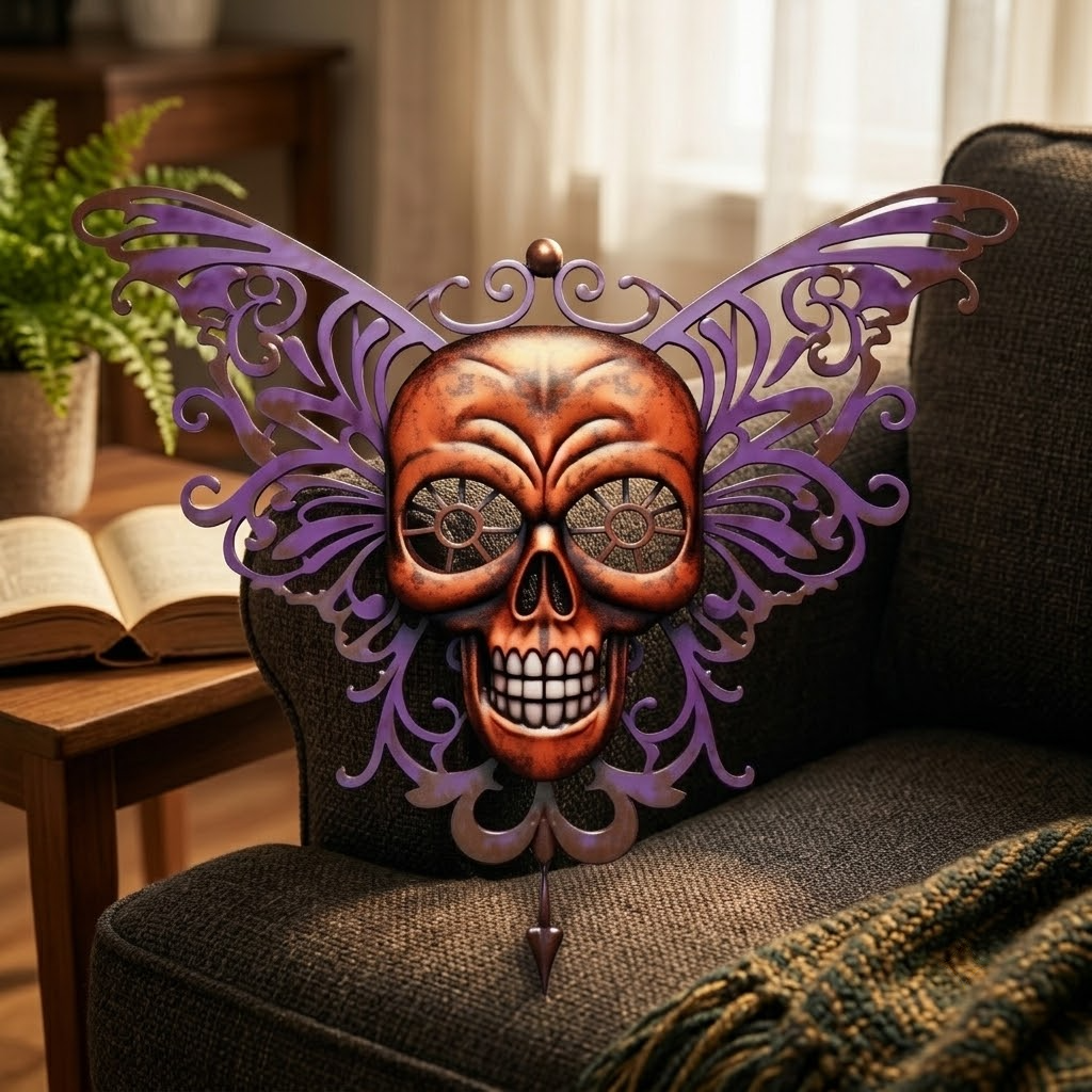 Purple Orange Witchy Butterfly Skull Metal Wall Art Halloween Sign