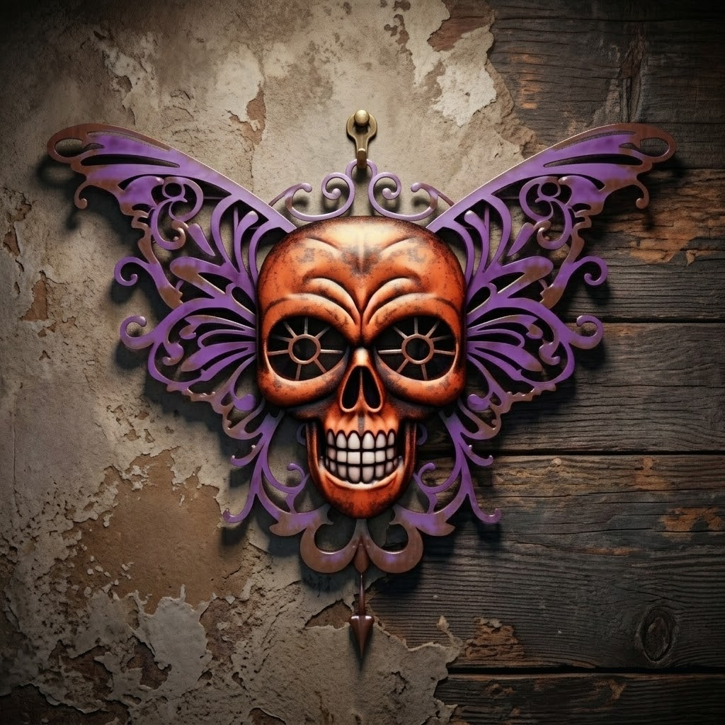 Purple Orange Witchy Butterfly Skull Metal Wall Art Halloween Sign