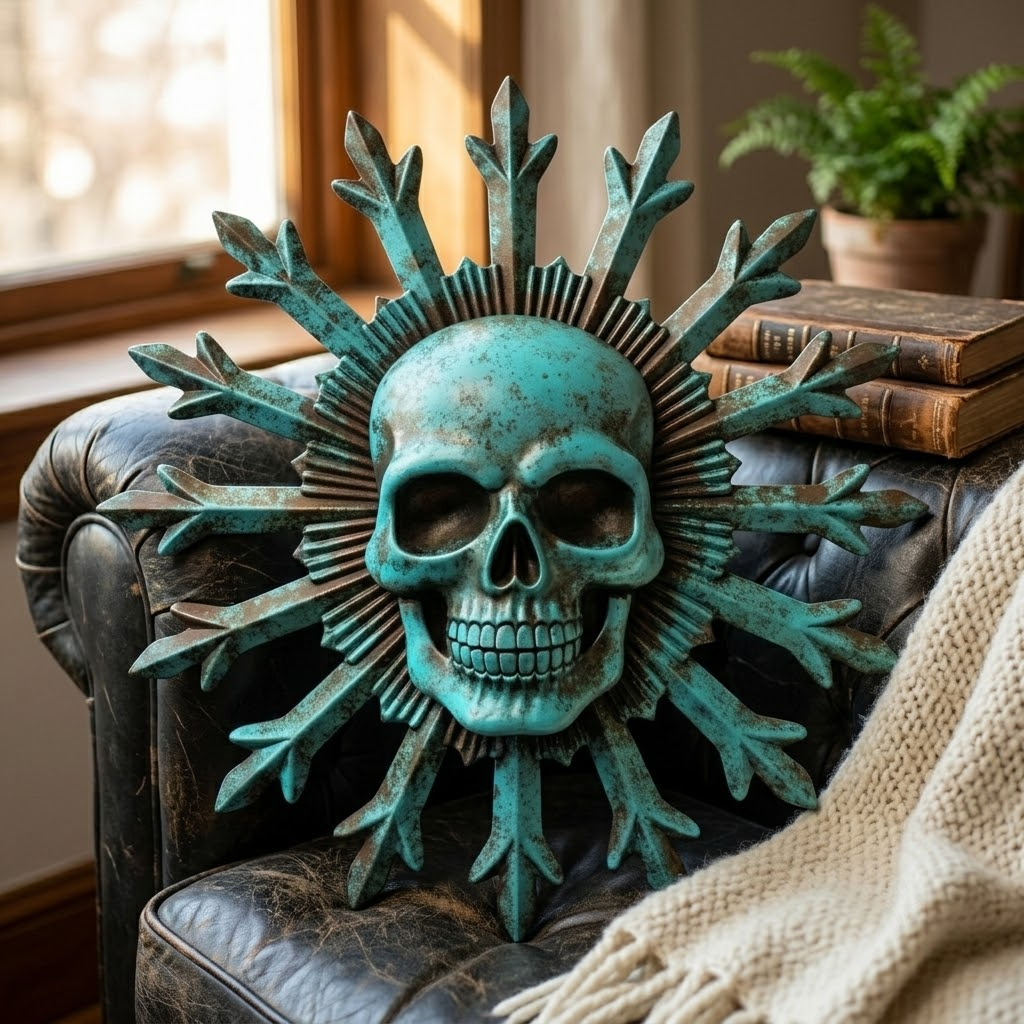 Striking Turquoise Patina Sunburst Skull Metal Wall Art