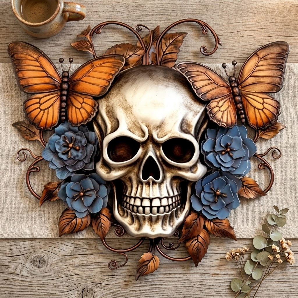 Autumn Floral Butterfly Skull Metal Wall Art