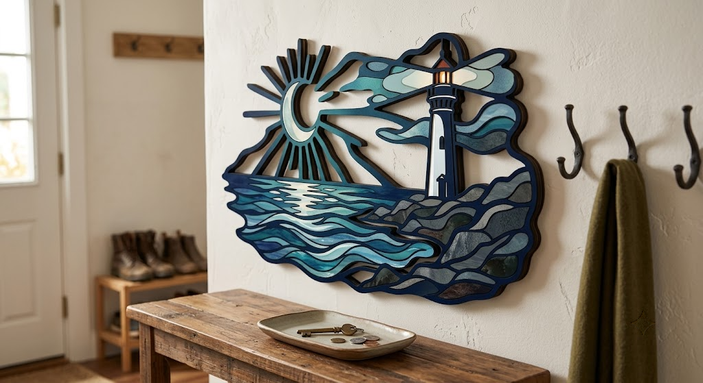 Lighthouse Metal Sign, Crescent Moon & Ocean Waves, Navy Blue Wall Art Decor