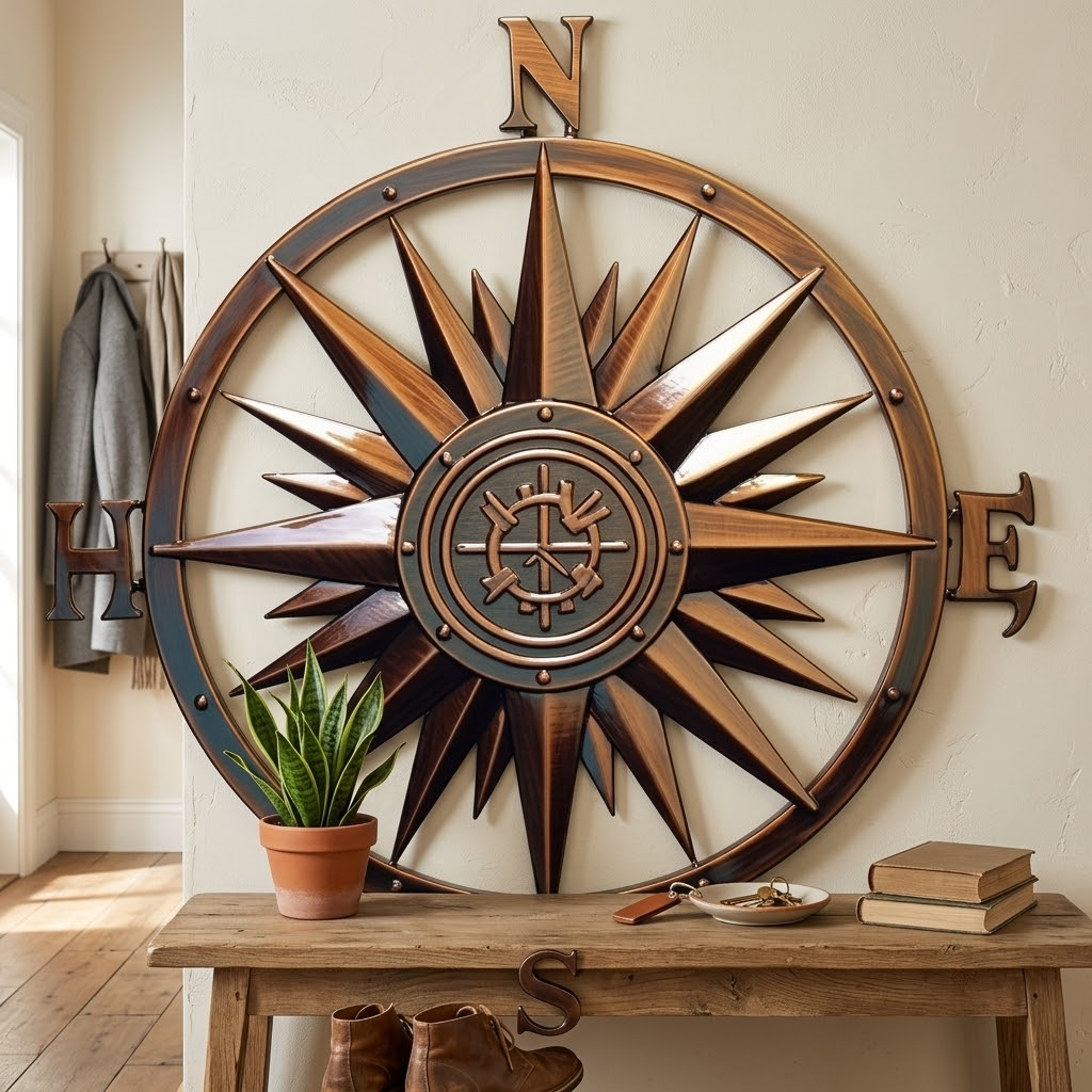 Lighthouse Metal Sign, Nautical Compass Sunburst And Ocean Waves Decor