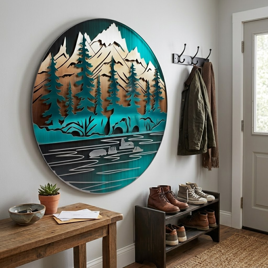 Forest Lake Metal Wall Art, Colorful Forest Metal Sign Decor