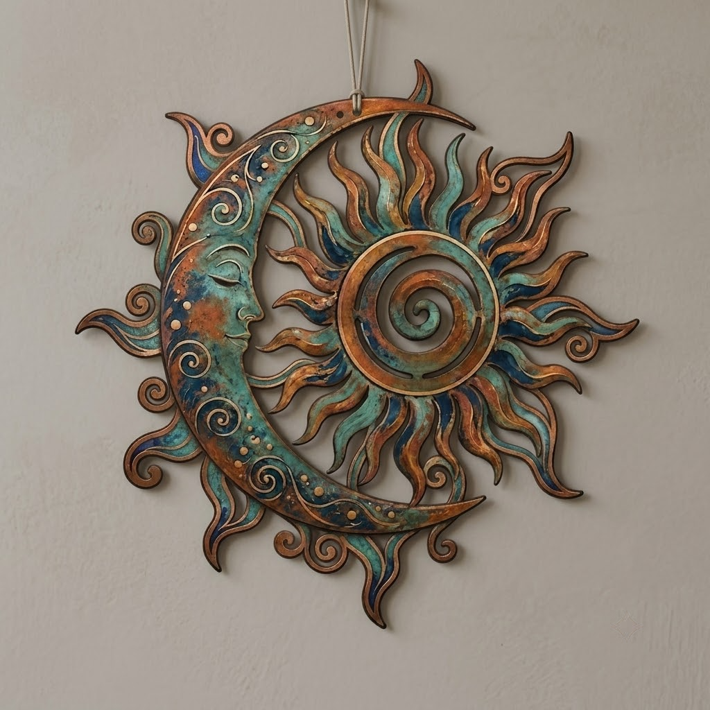 Colorful Celestial Sun Moon Metal Art, Boho Outdoor Hanging Decor, Garden Patio Sign