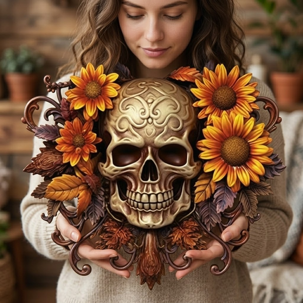 Floral Sunburst Skull Metal Wall Art