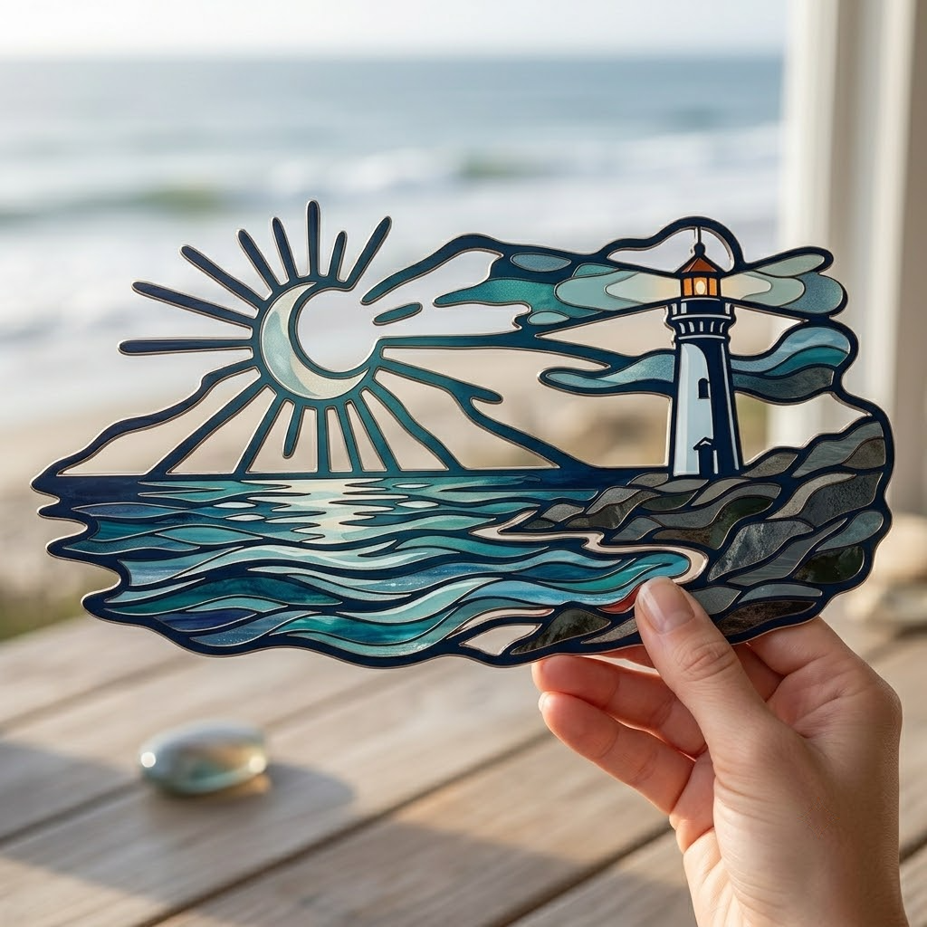 Lighthouse Metal Sign, Crescent Moon & Ocean Waves, Navy Blue Wall Art Decor