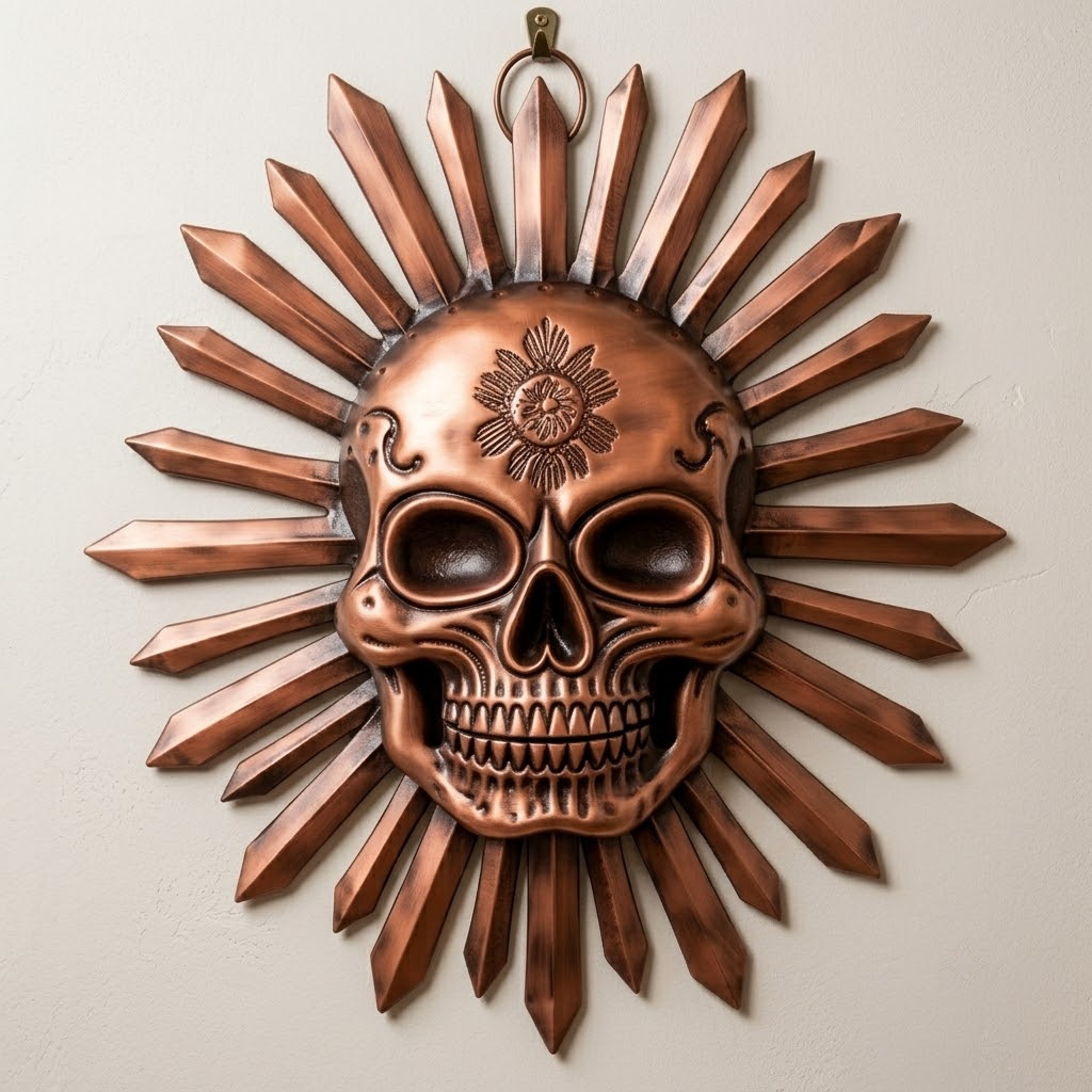 Pumpkin Copper Sunburst Skull Metal Wall Art