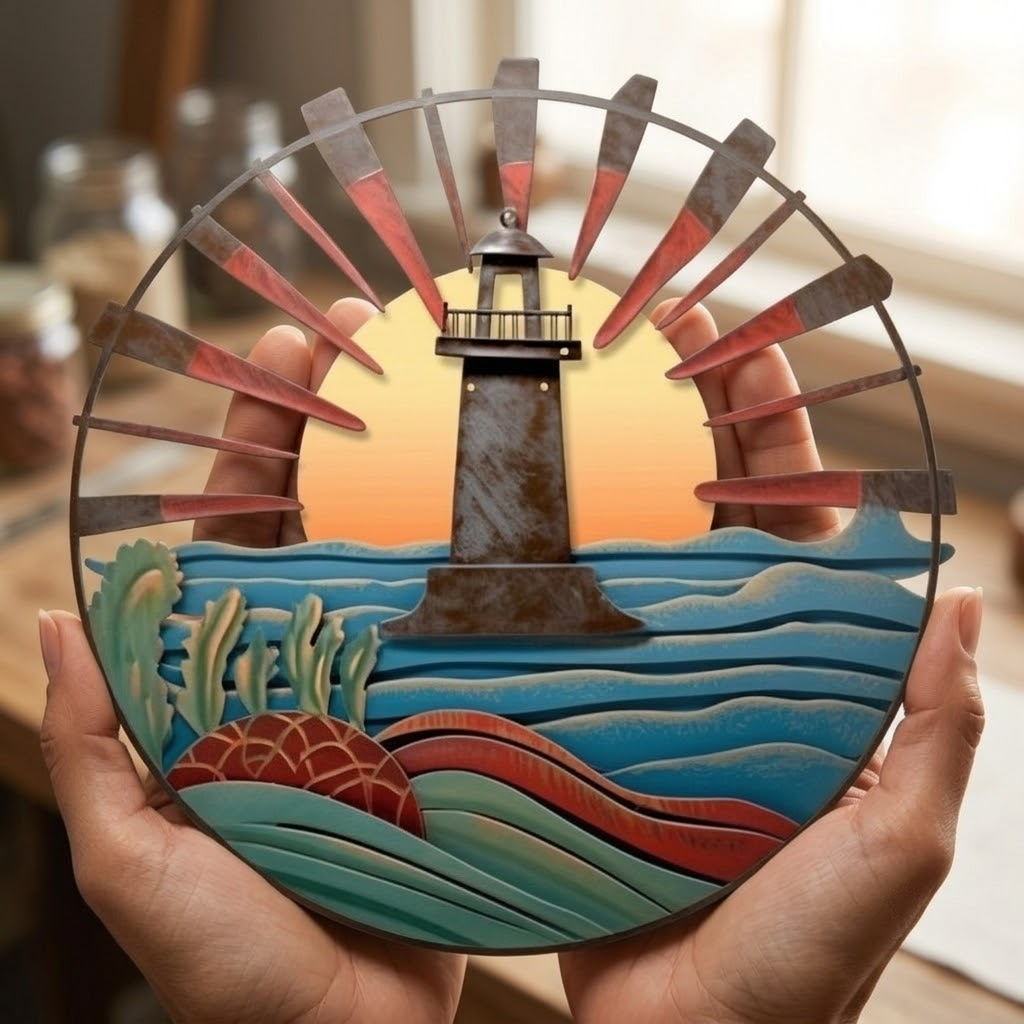 Sunburst Lighthouse Metal Wall Art, Irregular Sun Rays Coastal Decor Sign