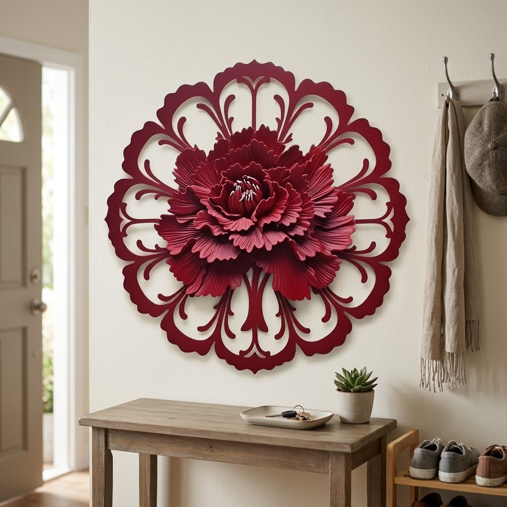 January Carnation Garnet Sunburst Metal Wall Art, Birth Flower Decor