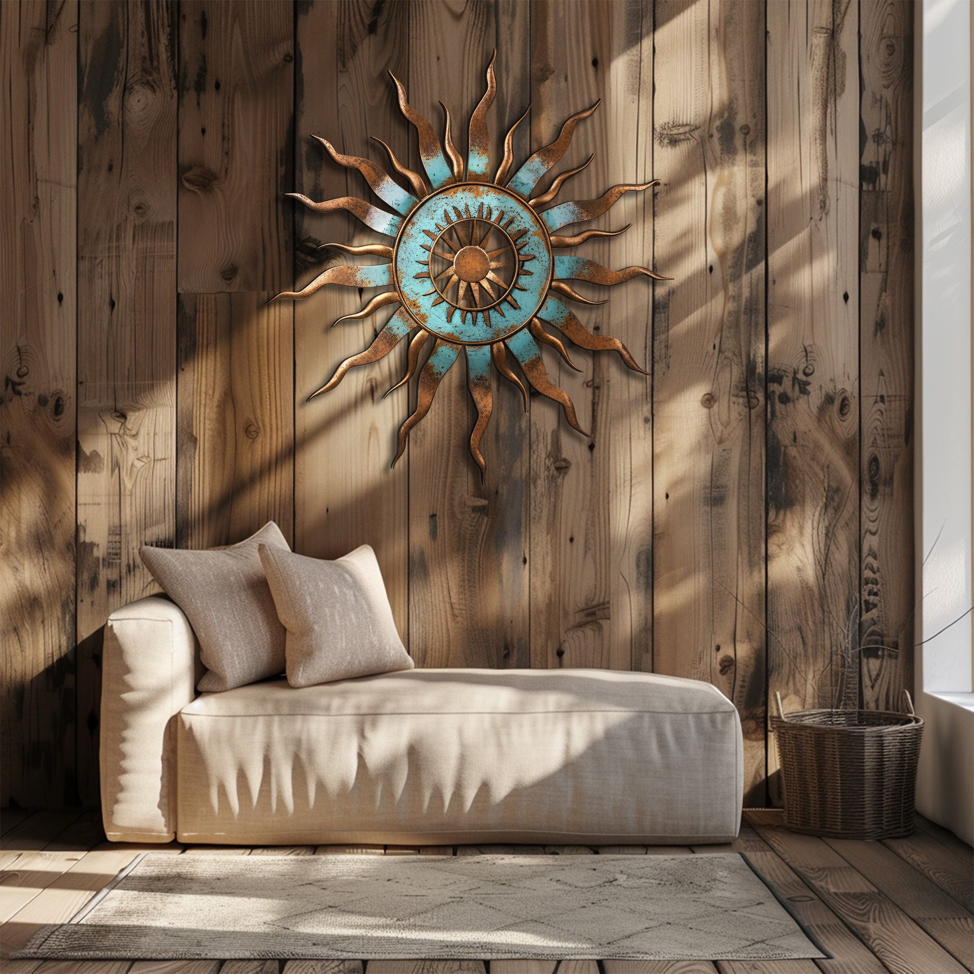 Turquoise Sun Metal Wall Art – UV Printed Aluminum Decor for Indoor &amp; Outdoor
