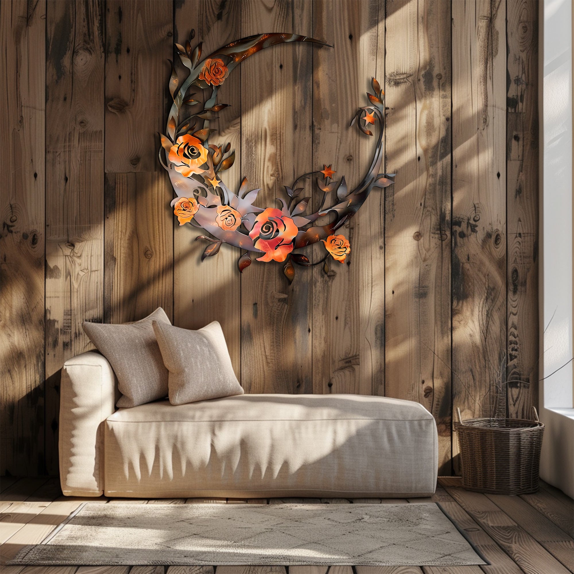 Rustic Moon Flower Metal Wall Art – UV Printed Aluminum Decor Boho Indoor Outdoor