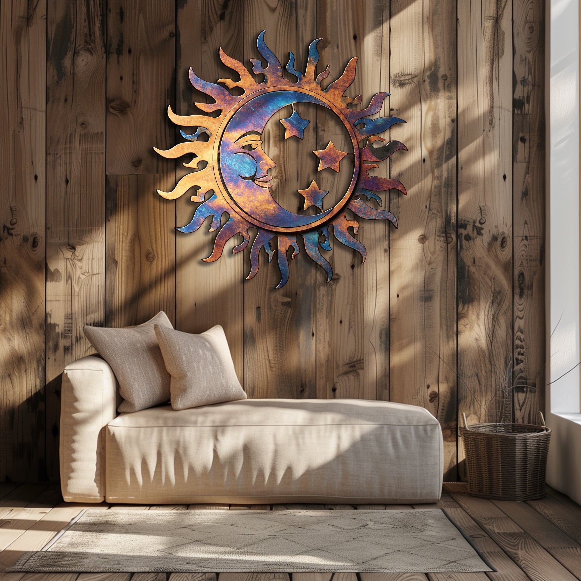 Blue Copper Sun Moon Star Metal Wall Art – UV Printed Decor Boho Indoor Outdoor