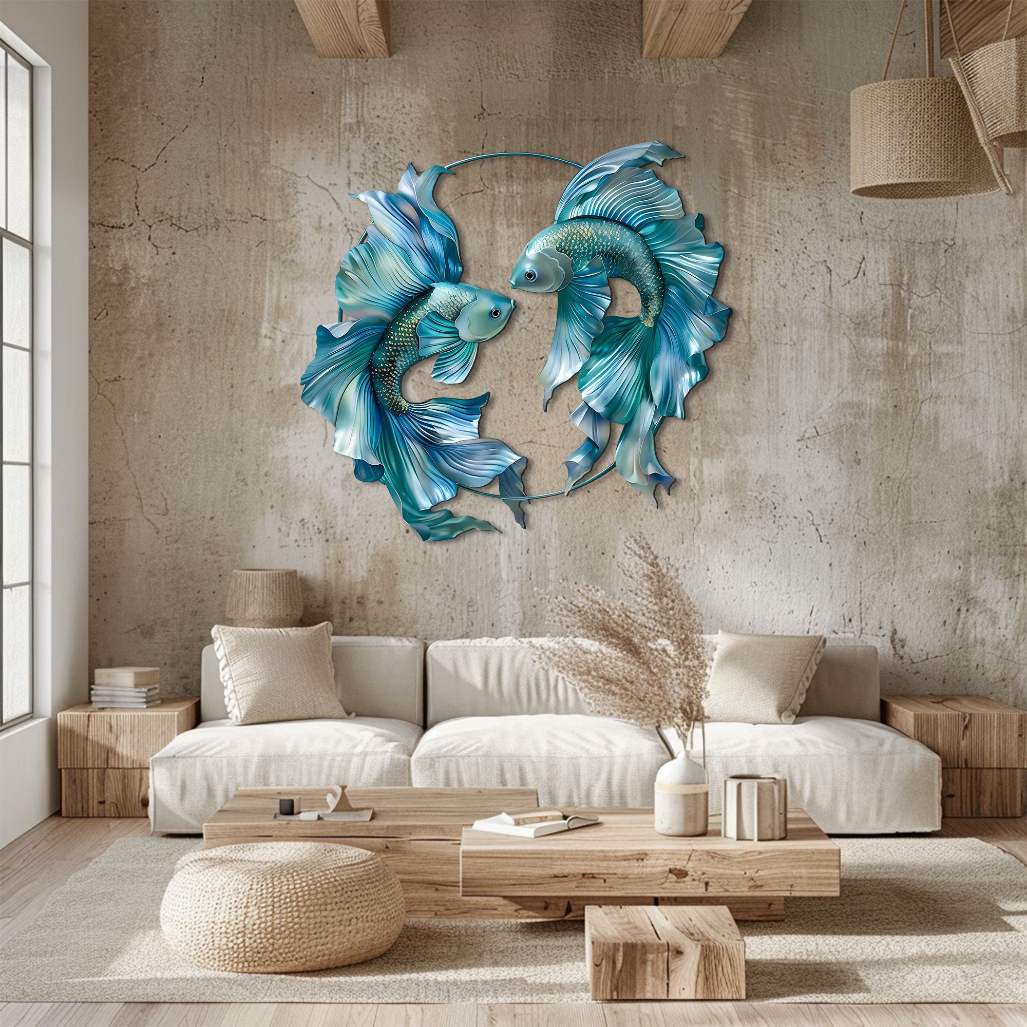 Blue Betta Fish Metal Wall Art – UV Printed Aluminum Coastal Decor Yin Yang Indoor Outdoor